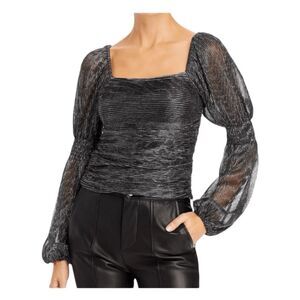 Line & Dot Olivia Mesh Blouse Black Silver Stripe Long Sleeve Metallic S   Line